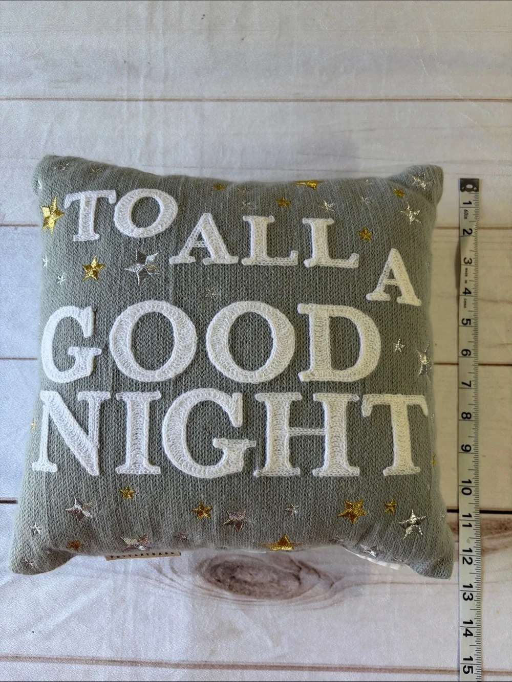 Pottery Barn Gray Holiday Pillow with White Lettering and Metallic Stars